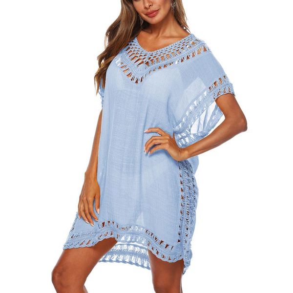 

women's swimwear women summer sun-proof dress, female solid color hollow v-neck short sleeves swimsuit cover for girls apricot/navy blu, White;black