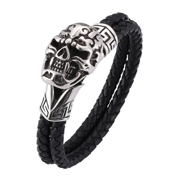 

charm bracelets men's leather titanium steel bracelet vintage braided rope skull stainless jewelry, Golden;silver