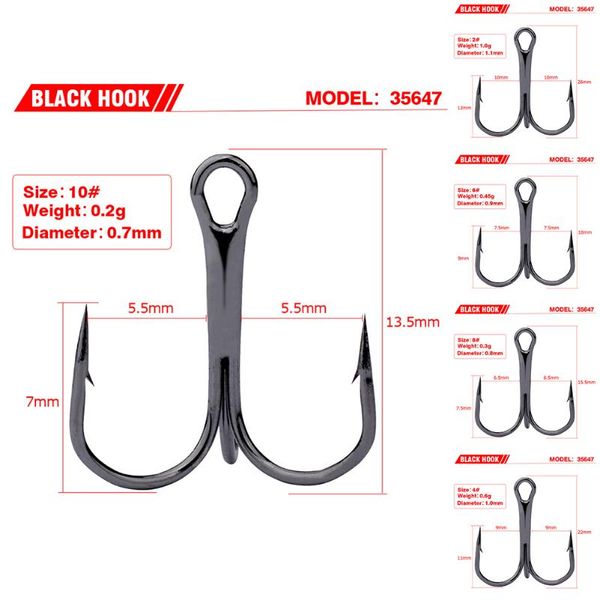

50pcs/pack stainless steel fishing treble hook black sharp triple hooks barbed multiple sizes and colors anchor tackle