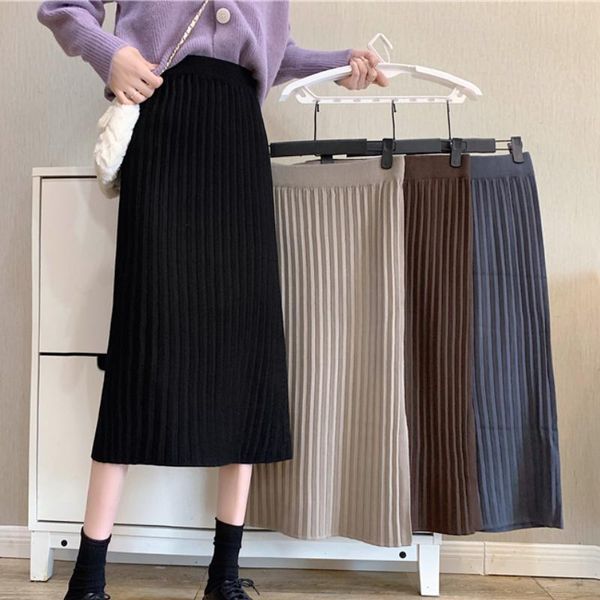 Etekler Moda Sonbahar Kış Örme Geri Bölünmüş Uzun Pileli Etek Kadın Japonya Tarzı Siyah Orta Uzunlukta Yüksek Bel Kadın