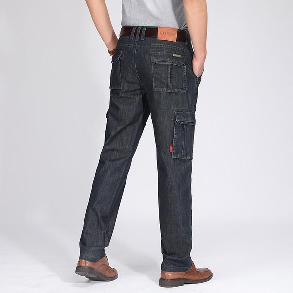 

men's jeans military pants workwear multi-pockets cargo denim trousers men casual classic straight mid waist thick cotton, Blue