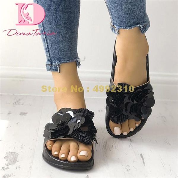 

slippers women slides low heel platform flower flats summer outside, Black