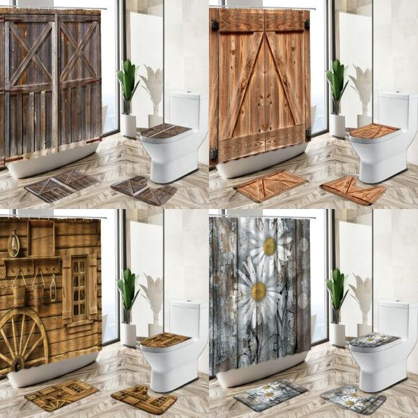 

shower curtains vintage old wooden door curtain flower country farmhouse barn decor non-slip carpet toilet cover floor mat washable set
