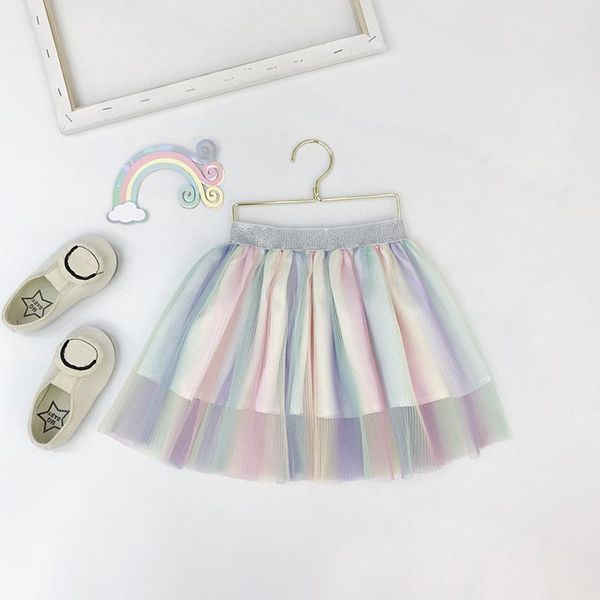 

skirts children baby girls lovely rainbow color mesh fluffy loose pleated elastic band princess skirt, Blue