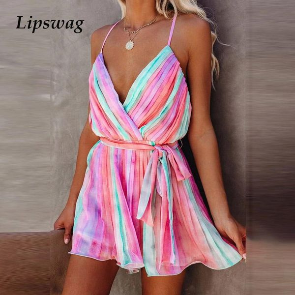 

casual dresses summer women v-neck sling beach backless lace-up chiffon dress 2021 elegant ladies stripe pleated mini, Black;gray