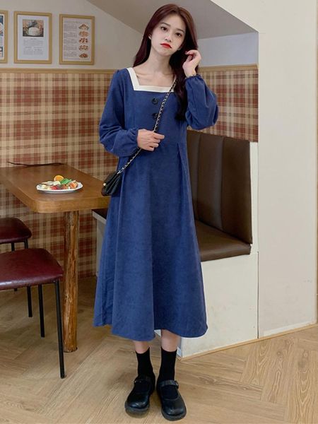 

casual dresses autumn 2021 corduroy square neck women's long sleeve temperament dress, Black;gray