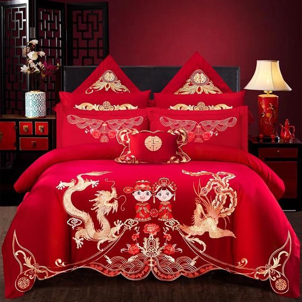 

bedding sets 2021red chinese style wedding embroidery duvet cover bed sheet set cotton solid princess luxury 4/6pcs
