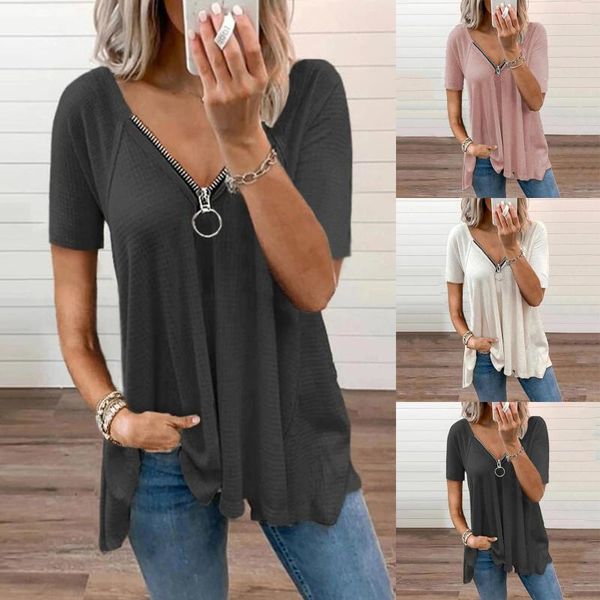

women's blouses & shirts womens solid loose zipper bluses plus size blouse v-neck collar short sleeve fold casual, White