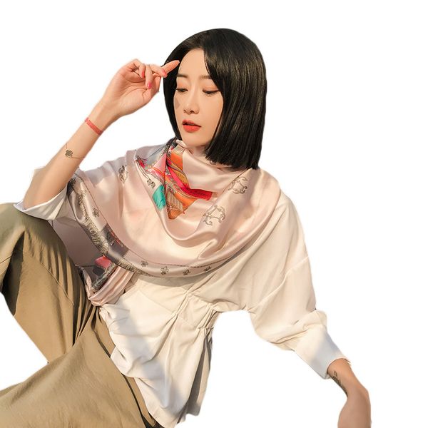 

scarves & wraps womens korean-style silk-like spring and autumn sun-proof beach towel satin lengthened feather printed scarf, Blue;gray