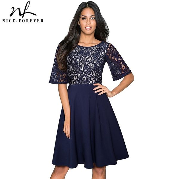 

nice-forever summer women elegant lace patchwork vintage dresses casual flare swing sun dress a064 210419, White