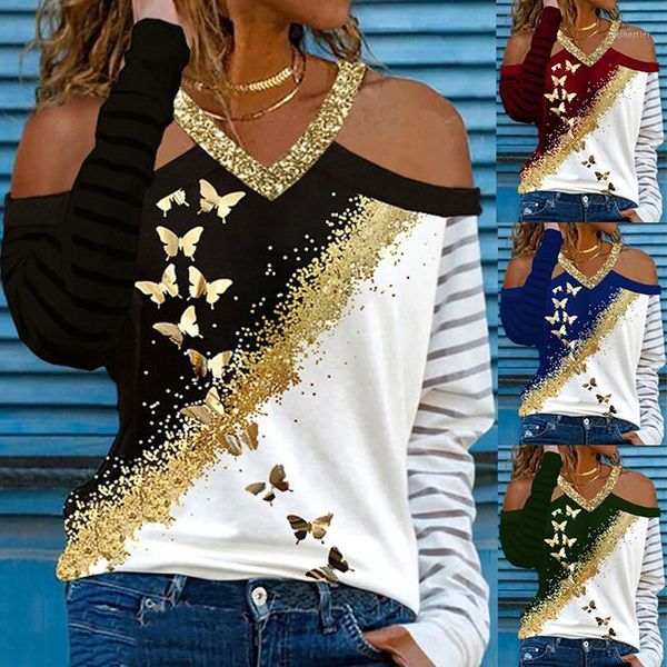 

women's t-shirt retro butterfly print long sleeved t shirt casual loose v neck autumn off shoulder, White