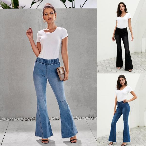

women's jeans high waist elastic knee pierced pants foot burrs flared 786191, Blue