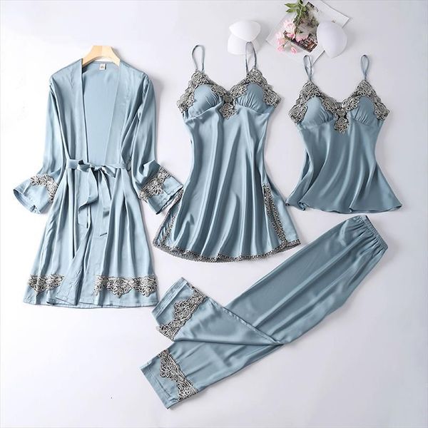 

4 pieces pajamas sets womens sleepwears faux silk elegant noble lace fashion spring autumn homewear v neck, Black;red