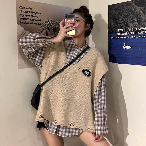 

women's blouses & shirts single piece/suit spring autumn 2021 loose long-sleeved vintage plaid shirt + high street knitted vest two-pie, White