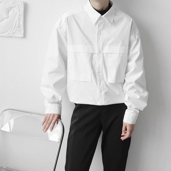 

men's casual shirts long sleeved shirt loose minority autumn personalized hem drawstring design korean hairdresser youth, White;black