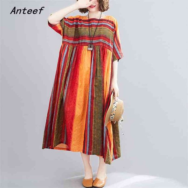 

short sleeve plus size cotton linen vintage stripe dresses for women casual loose long summer beach dress elegant clothes 210517, Black;gray