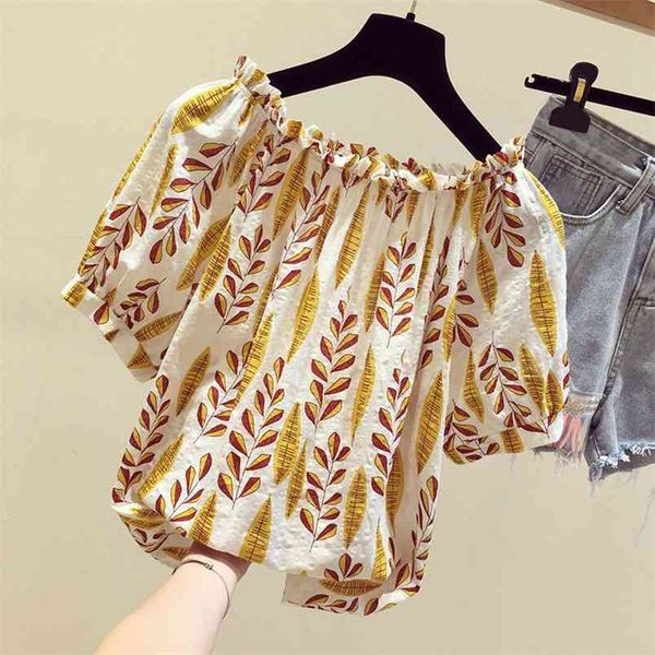 

korea fashion summer women shirt plus size slash neck off shoulder short sleeve print loose casual blouse d20 210512, White