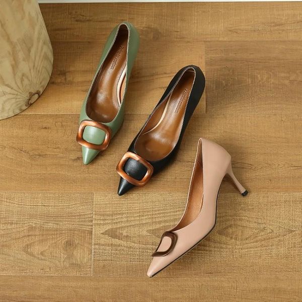 

dress shoes mljuese 2021 women pumps cow leather autumn spring pointed toe green color slip on metal decoration high heels party, Black