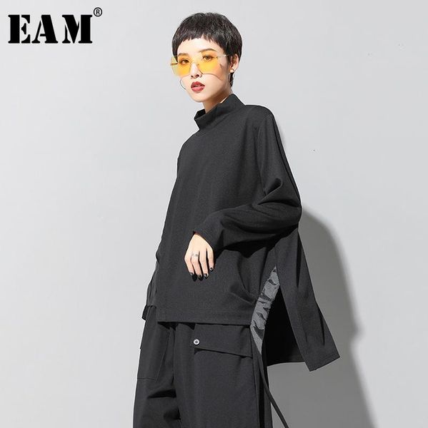 

[eam] loose fit ribbon asymmetrical sweatshirt high collar long sleeve women big size fashion spring autumn 2021 19a-a125 women's hoodi, Black