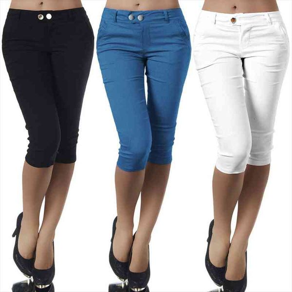 

women ladies pencil pants summer pockets button skinny calf length pants casual stretch 3 4 trousers plus size female capris, Black;white