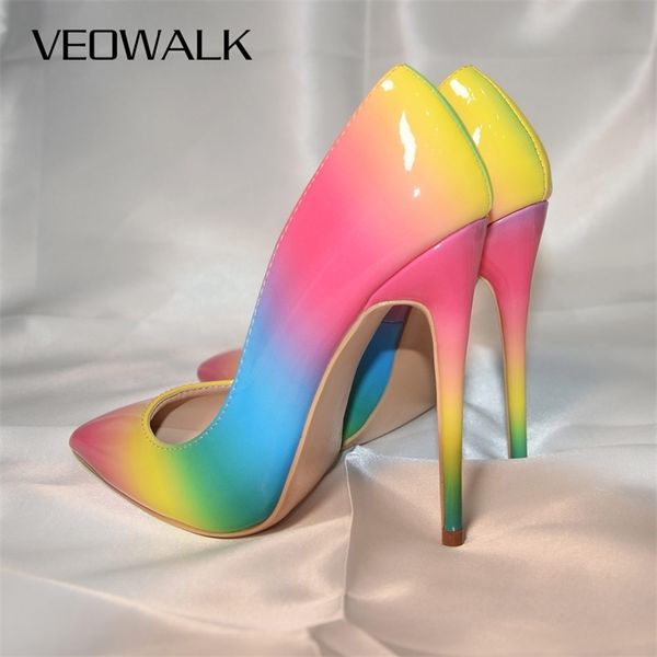 Veowalk Rainbow Красочные Патентные Кожа Женщины Сексуальное Стелето Эйм-Высокие каблуки, Дамы Мода Заостренные Носки Насосы Вечкой 211025