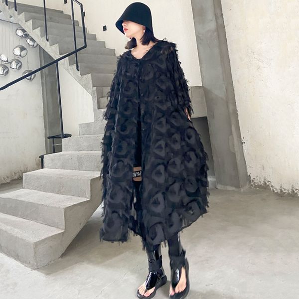 

2021eam women black feather split big size dress new v-neck three-quarter sleeve loose fit fashion tide spring summer 2021 1t159, Black;gray