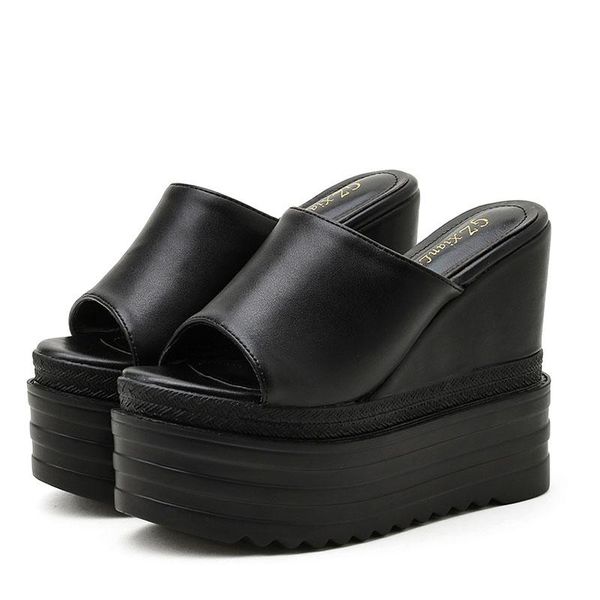 

slippers platform shoes women ladies's on wedge peep toe fashion luxury slides heeled mules shallow demonia increased internal, Black