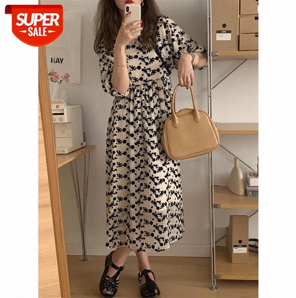 

homemade french puff sleeve flocking flower dress #r27m, Black;gray