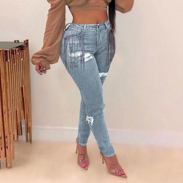 

womens casual jeans tassel hole button zipper pocket fashon denim tight pencil pants for women mujer pantalones #3 women's, Blue