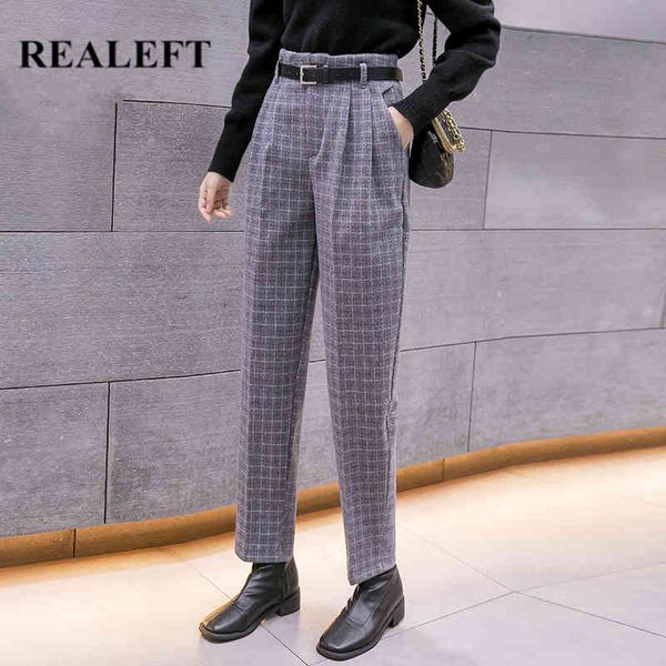 

woolen vintage plaid formal women harem pants with belt autumn winter mid waist lady elegant long trousers pocket 210428, Black;white