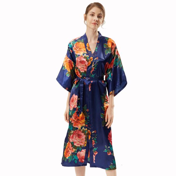 

bathrobe summer silk satin hand painted peony long kimono bathrobe single cardigan