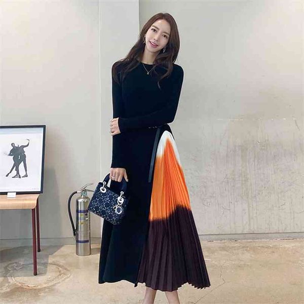 

spring and summer french hepburn style stitching gradient color pleated slim dress elegant temperament office for women dresses 210602, Black;gray