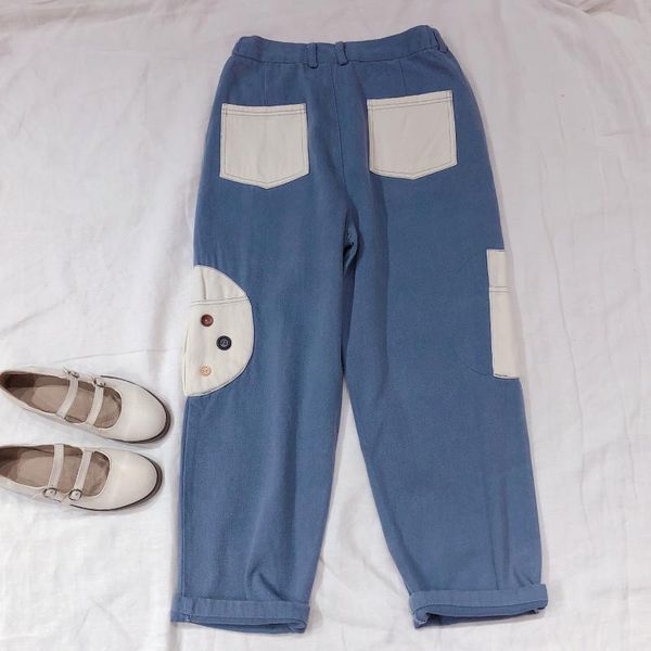 

women's pants & capris kawaii girl autumn japanese trousers harajuku casual contrast patch design student thin straight, Black;white