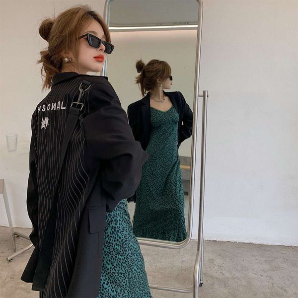 

casual dresses black women's design sense minority embroidery stripe loose temperament small suit medium length coat 3rur, Black;gray