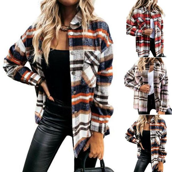 

women's jackets ladies check plaid loose tunic shirt women long sleeve casual winter jacket, Black;brown