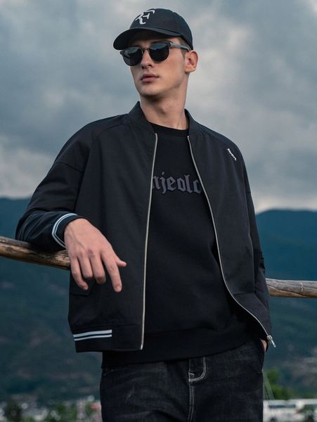 

men letter graphic striped trim zipper bomber jacket e8g0#, Black;brown