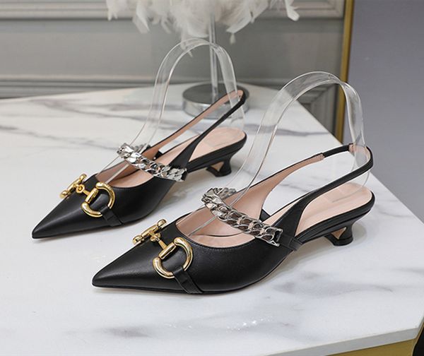

sandals slippers early spring 2021 pointed back empty sandals horse clasp chain low heel fashion shallow mouth two wear lazy shoes woman zly, Black
