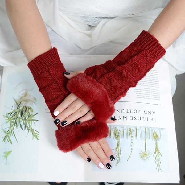 

five fingers gloves women winter solid color frayed warm typing elastic half-finger autumn and leather, Blue;gray