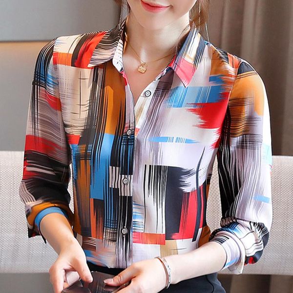 

long sleeve women blouses shirts turn down collar print chiffon blouse shirt blusas mujer de moda 2021 blusa d449 women's &, White