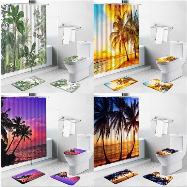 

shower curtains palm trees ocean bath mat dusk sunset beach scenery bathroom decor non-slip rugs toilet floor luxury carpet set