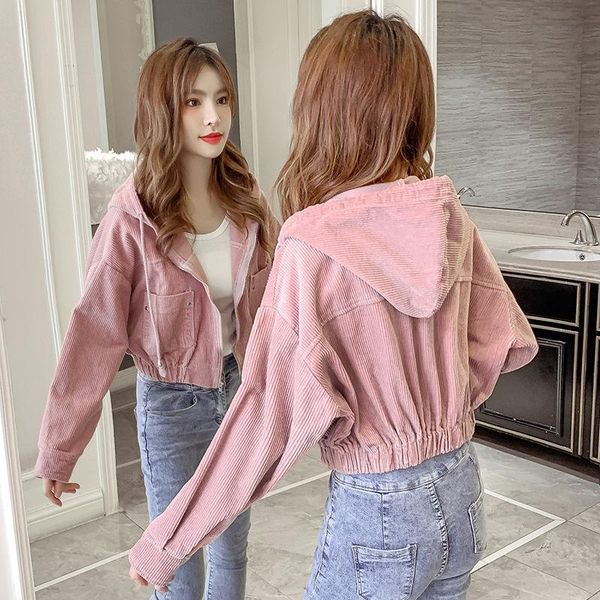 

women's jackets simple corduroy short jacket womens tide 2021 autumn ladies hooded zipper pink apricot casual all-match e009, Black;brown