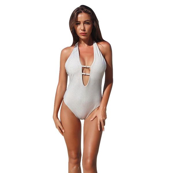 

women's one-piece solid color swimsuit gold highlight pattern deep v halter swim2021 suits