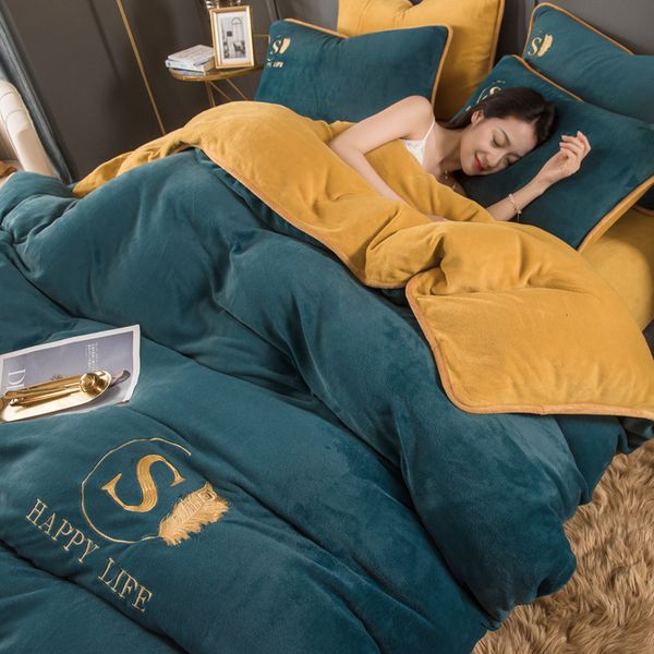 

thickened flannel milk solid embroidery four piece warm veet winter set bedding