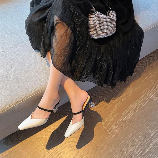 

slippers summer 2021 crystal heel shaped high-heeled female baotou muller leather sandals and z907, Black