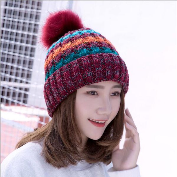 

very good autumn and winter ladies curled woolen hats caps gszm007a fashion plush outdoor fur ball warm knitted hat, Blue;gray