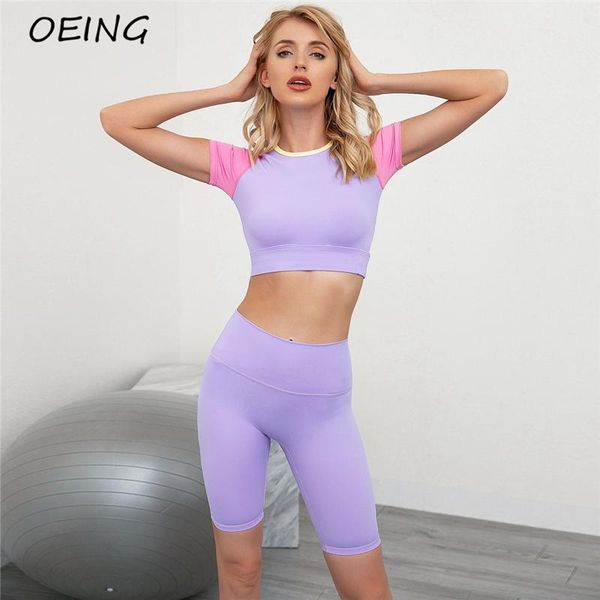 

yoga outfit fitness 2 piece sets patchwork short sleeve biker shorts suits seamless sport jogging set