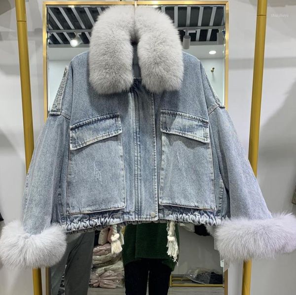 

women's down & parkas 90% white duck jacket for women korean bat sleeves short denim coat with big fur collar winter loose outerwear, Black