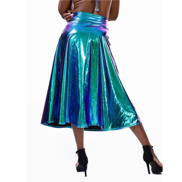 

skirts sparkle pu holographic gradient color a-line pocket summer women slim long skirt music festival streetwear harajuku, Black