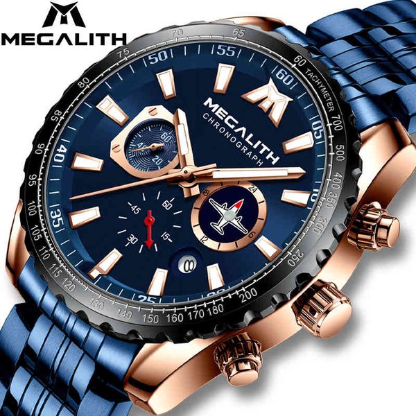 

megalith sports watches men original design luminous quartz 30m waterproof blue full steel military wrist man 8212, Silver