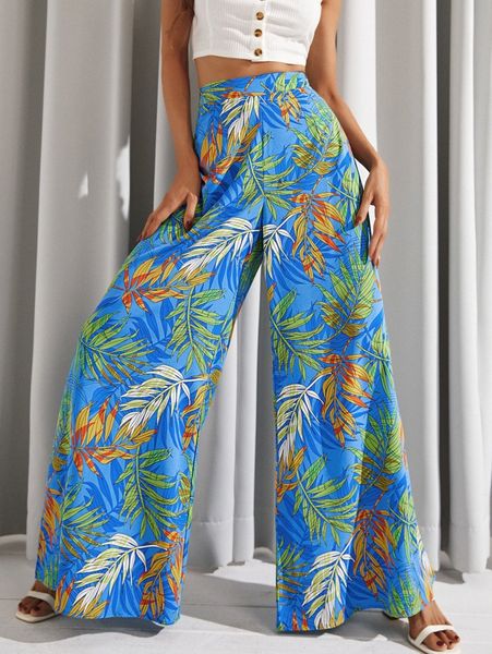 

luukse tropical print wide leg pants x3d5#, Black;white